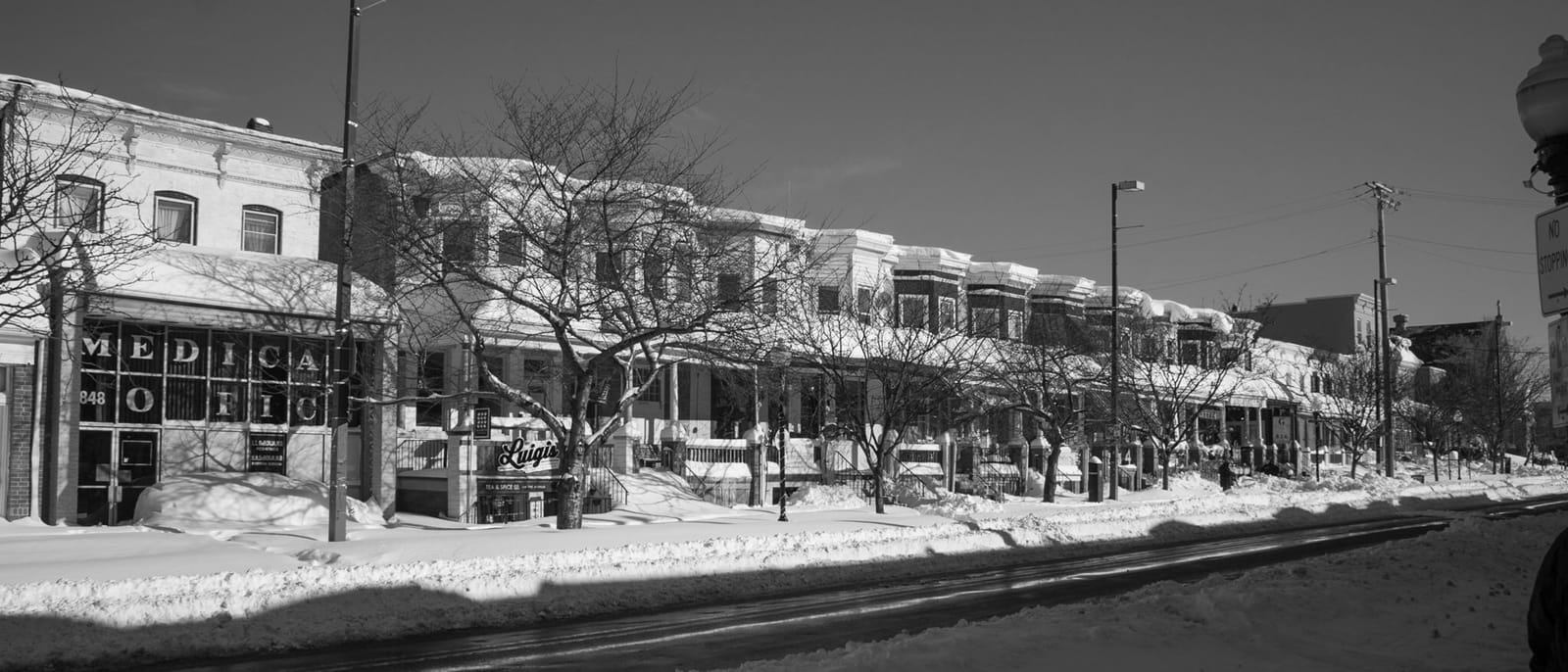 Black-and-white photograph of a Baltimore rowhouse block after a snowstorm, bare trees along the sidewalk and snow piled at the curb.